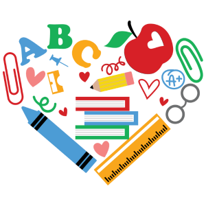 Grafika u obliku srca sastavljena od školskih predmeta poput knjiga, olovaka, ravnala i slova, simbolizira uslugu instrukcija za djecu i učenike kroz obrt Horizont znanja